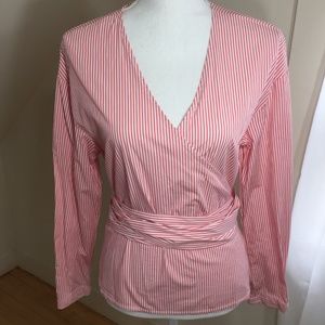 coral striped cotton wrap blouse